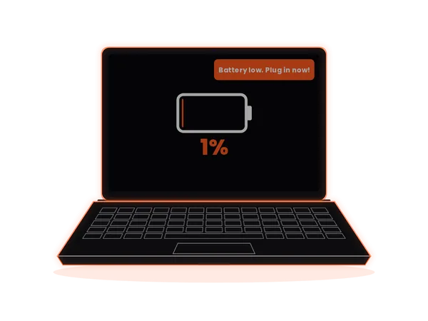 Laptop battery draining fast, with a low-battery warning at 1%