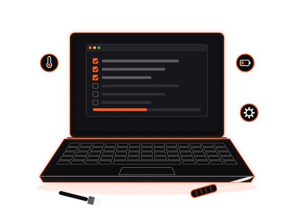 Laptop general service checklist with a cleaning brush and screwdriver