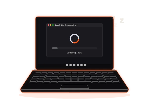 Hanging laptop with an app frozen on a loading spinner