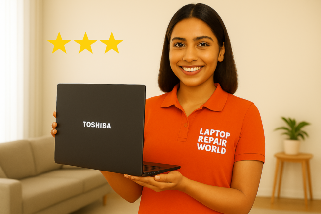 Toshiba Laptop New Battery Doorstep Replacement Service Hyderabad Same-Day Home Repair Home Service Engineer hadling laptop